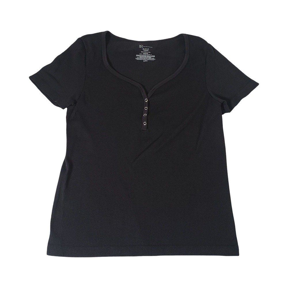 No Boundaries Womens Black Ribbed Henley Short Sleeve Top XL 15-17 NB33100124591